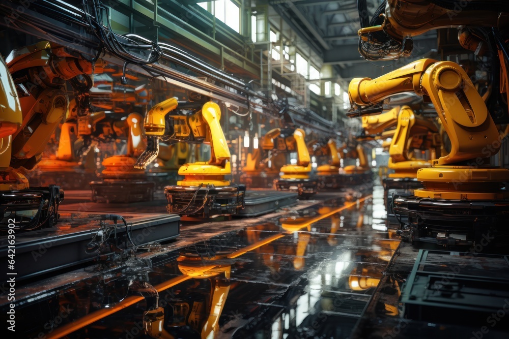 factory, background, production, construction, industry, artificial, robotic arm, automated, structure, manufacture. background image is industry in progress to make something via automat robotic arm.