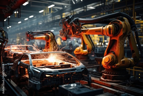 factory, background, production, construction, industry, artificial, robotic arm, automated, structure, vehicle. background image is industry in progress to make vehicle structure via robotic arm.