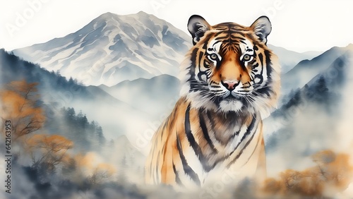Double exposure of a Bengal tiger and a mountain  natural scenery. Watercolor. Watercolor postcard of mountains and a Bengal tiger.