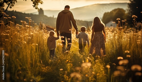 parent, meadow, family, mother, child, relaxation, journey, nature, freedom, together. background image is mother and children walk together at meadow, field of flower on sunset to relaxation.