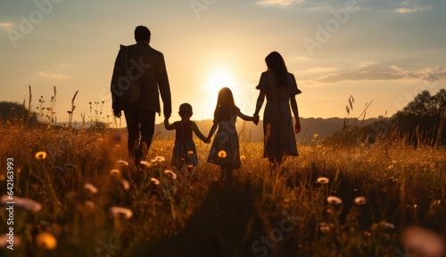 parent, meadow, family, mother, child, relaxation, journey, nature, freedom, together. background image is mother and children walk together at meadow, field of flower on sunset to relaxation. © Day Of Victory Stu.