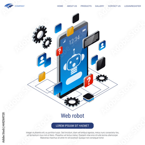 Web robot, digital chatbot, virtual assistant 3d isometric vector concept illustration