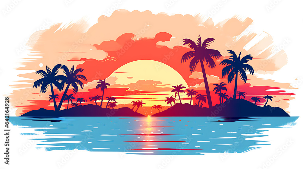 Risograph, digital Illustration, of a tropical island with a romantic sunset 