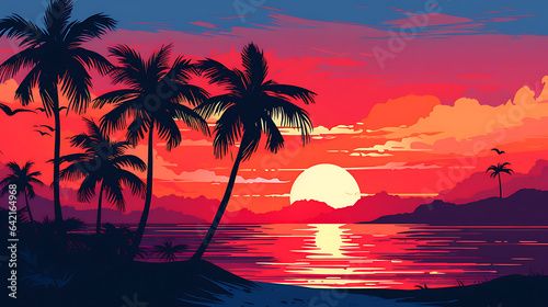 Risograph  digital Illustration  of a tropical island with a romantic sunset 