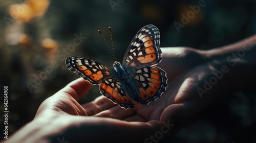 Illustration of a butterfly perched on a child's hand