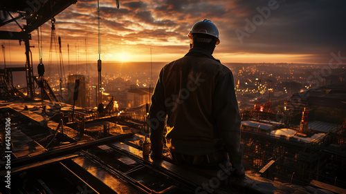 Silhouette of Engineer and worker on building site, construction site at sunset in evening time