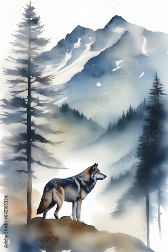 Double exposure of a wolf and a mountain, natural scenery. Watercolor. Watercolor postcard of mountains and wolf.