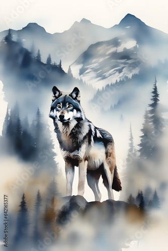Double exposure of a wolf and a mountain  natural scenery. Watercolor. Watercolor postcard of mountains and wolf.