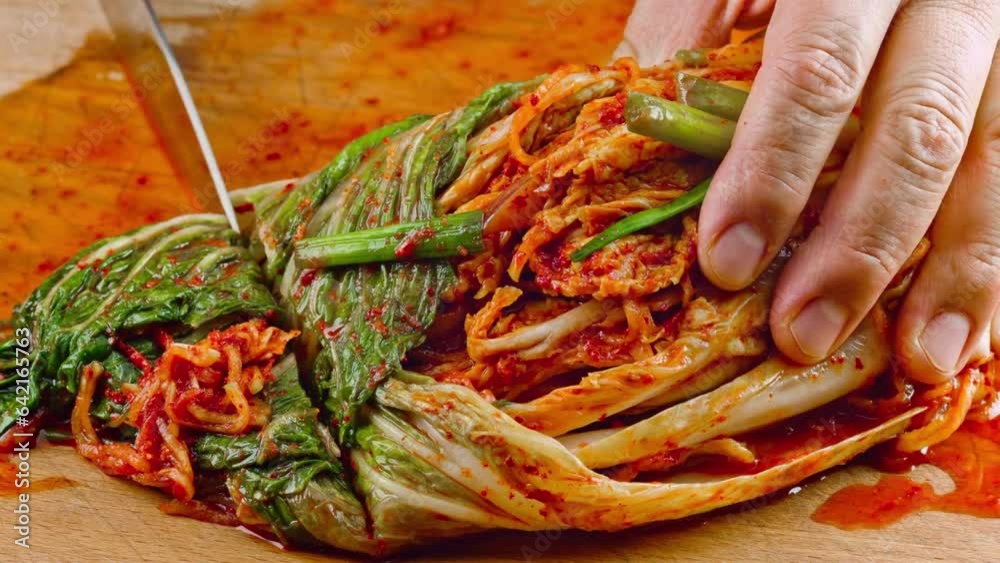 Napa Cabbage Kimchi Mastery: 4K Close-Up of Freshly Cooked Kimchi