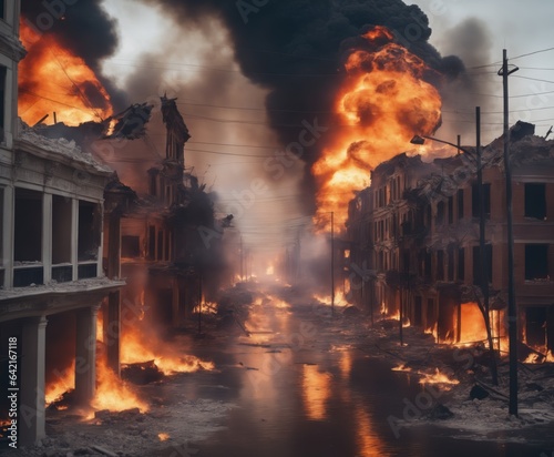 Destruction of city with fires, explosions and collapsing structures. Concept of war and disaster.