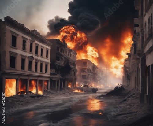 Destruction of city with fires, explosions and collapsing structures. Concept of war and disaster.