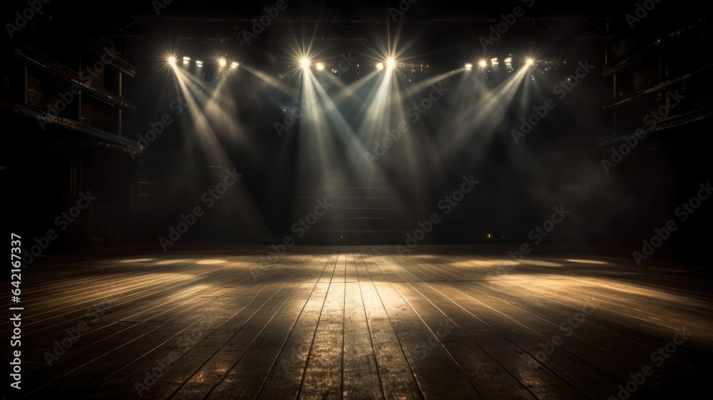 Spotlighs shine on stage in the dark room. Generative AI image weber. - obrazy, fototapety, plakaty 
