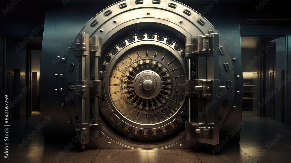 The iron door of the bank vault. High level locking mechanism. The iron door of the bank vault. High level locking mechanism.