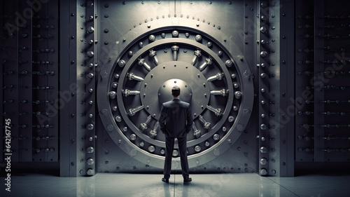 Foto The banker stands in front of the iron door of the vault