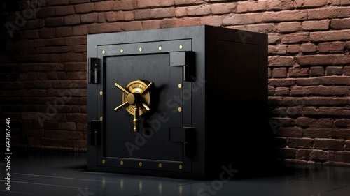 A large square safe in a dark room. Saving money. Horizontal banner.