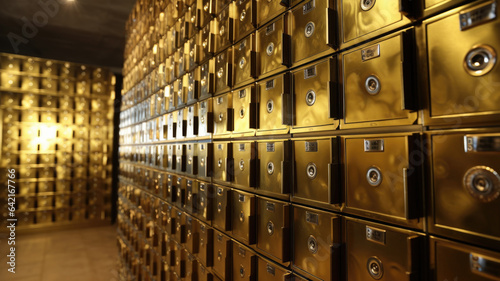 Bank deposit boxes for valuables. Bank vault view from the inside. Storage of gold and valuables.