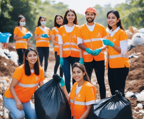 Team of young and diversity volunteer worker group enjoy charitable social work outdoor in cleaning up garbage and waste separation project. © Universeal