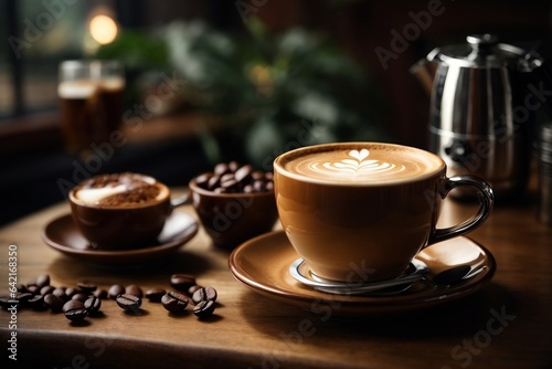A rich cappuccino fills a rustic coffee cup  complemented by scattered coffee seeds. on a warm wooden table. Ideal for coffee lovers and cafe themed projects.
