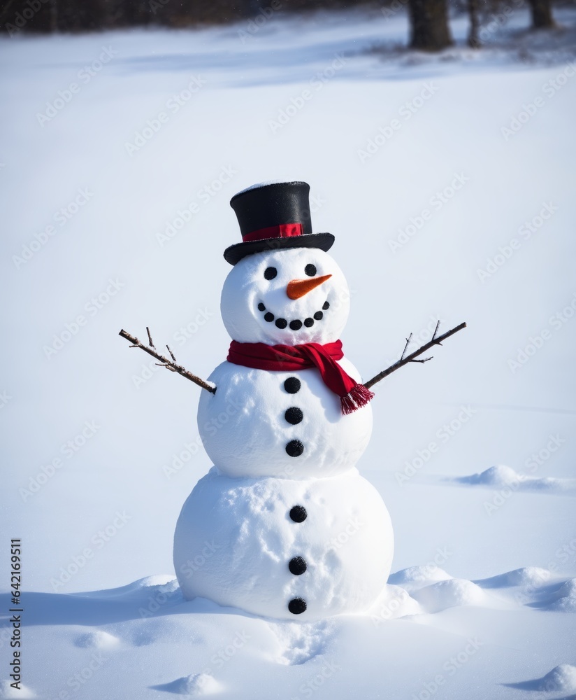 Snowman on snowy field. Merry Christmass!