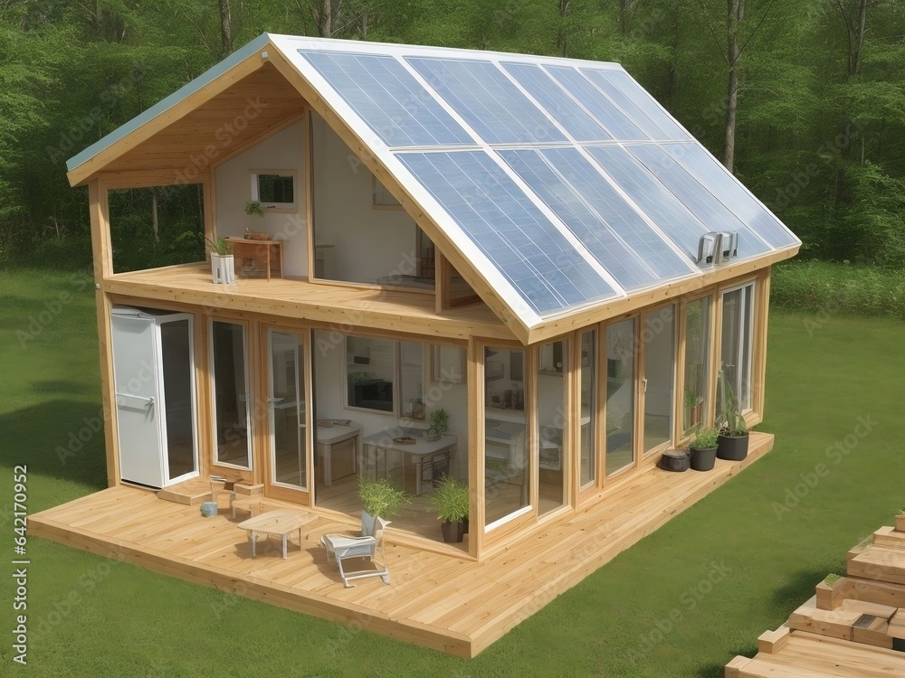 View of Image of a sustainable eco-building nestled among lush greenery, with ...