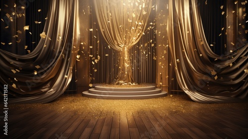 luxurious 3D gold scene where the backdrop is adorned with a dynamic, flowing drapery made entirely of glittering gold particles.