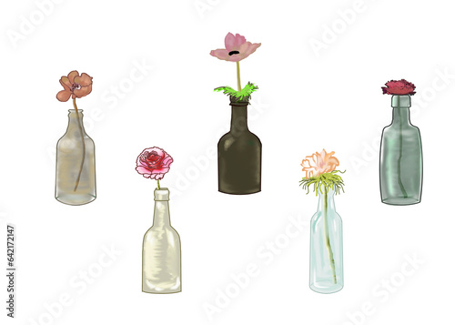 Set Bouquets with flowers in bottle vases. Drawing style. Colorful illustrations of flowers and still lifes. Modern interior painting for wedding invitation, poster, banner, logo, post card.