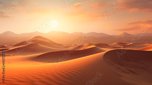 A breathtaking desert landscape with majestic sand dunes and towering mountains in the backdrop