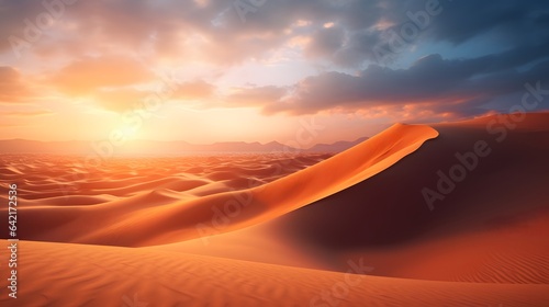 A breathtaking sunset over majestic sand dunes in the desert