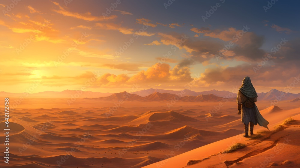 A person standing on top of a sand dune in the desert