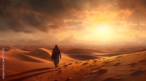 A lone traveler walking through a desert landscape under a dramatic cloudy sky