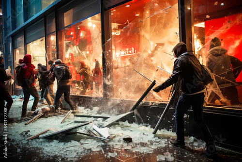 Pogroms and riots in night city. People smash shop windows with firebombs