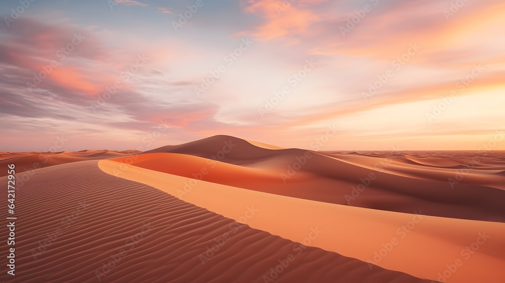 A breathtaking desert landscape with majestic sand dunes and dramatic clouds