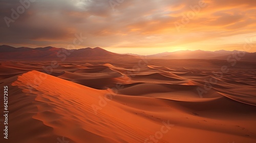 A stunning desert landscape with rolling sand dunes and majestic mountains in the distance