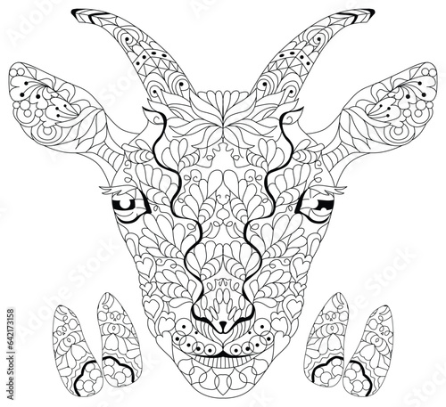 Zentangle goat head with hooves for coloring. Hand drawn decorative vector illustration