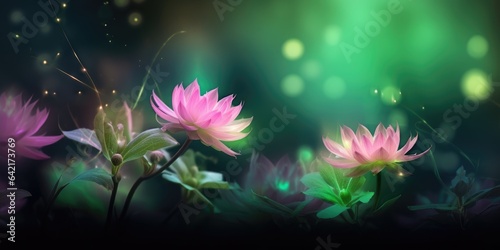Beautiful abstract pink and green night photo floral design background banner. beautiful Generative AI AIG32