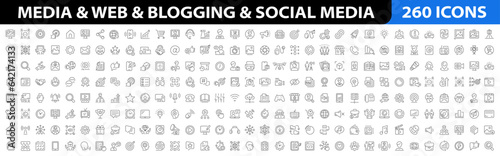 Media and Web Big icon set. Social Media icons. Blogging line icons. Data analytics, Management, Message, Website, Blog, Content, Business marketing, Social network and more. Vector illustration.