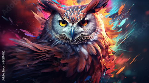 3D rendering of an abstract owl portrait with a colorful double exposure paint effect. © Ahtesham