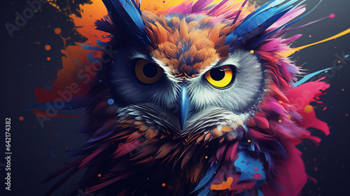a captivating 3D rendering of an abstract owl portrait with a colorful double exposure paint effect © Ahtesham