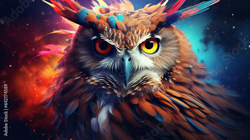 3D rendering of an abstract owl portrait with a colorful double exposure paint effect.