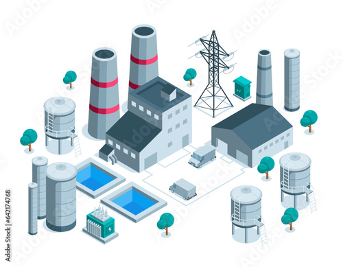 factory isometric in color on white background, power plant or industrial buildings