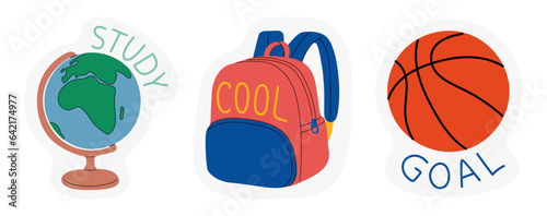 Back to school collection of badges for students with school supplies. Vector illustration