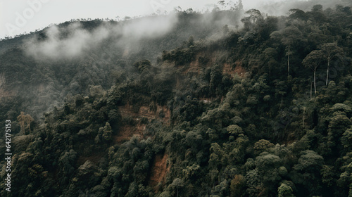 Cliffside covered in trees, foggy hill