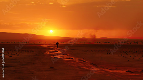 Man walking through a desert at sunrise, shadows, epic scenery