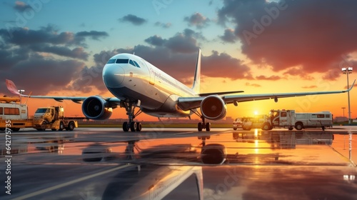 airplane in the airport at sunset, business travel and transportation concept