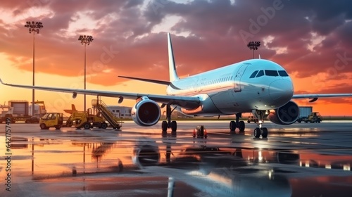 Airplane in the airport at sunset. Travel concept. 