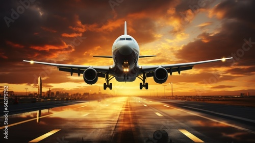 Airplane taking off from runway at sunset. Business travel and transportation concept. Airport Concept with Copy Space.
