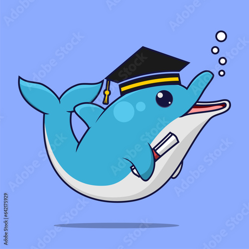 cartoon cute dolphin in graduation cap and graduation paper on blue background