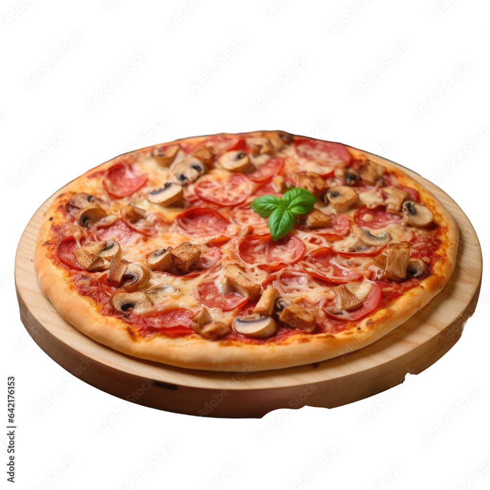 Wooden board with pizza topped with tomato paste chicken and mushrooms against a transparent background