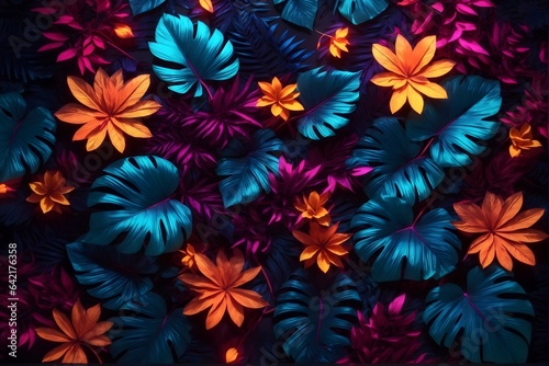 Neon Tropical Leaves Background, Neon Exotic Leaves Background, Dark Glowing Tropical Leaves, Jungle Leaves Background, AI Generative