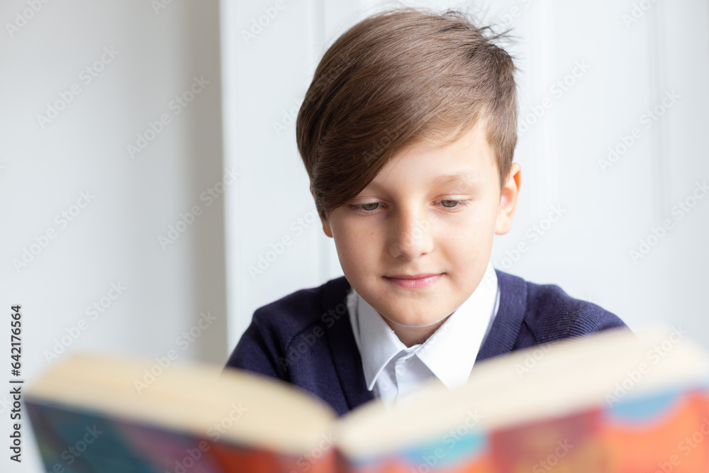 Happy schoolboy sitting at desk reading the book. Back to school concept. High quality photo Happy schoolboy sitting at desk reading the book. Back to school concept. High quality photo